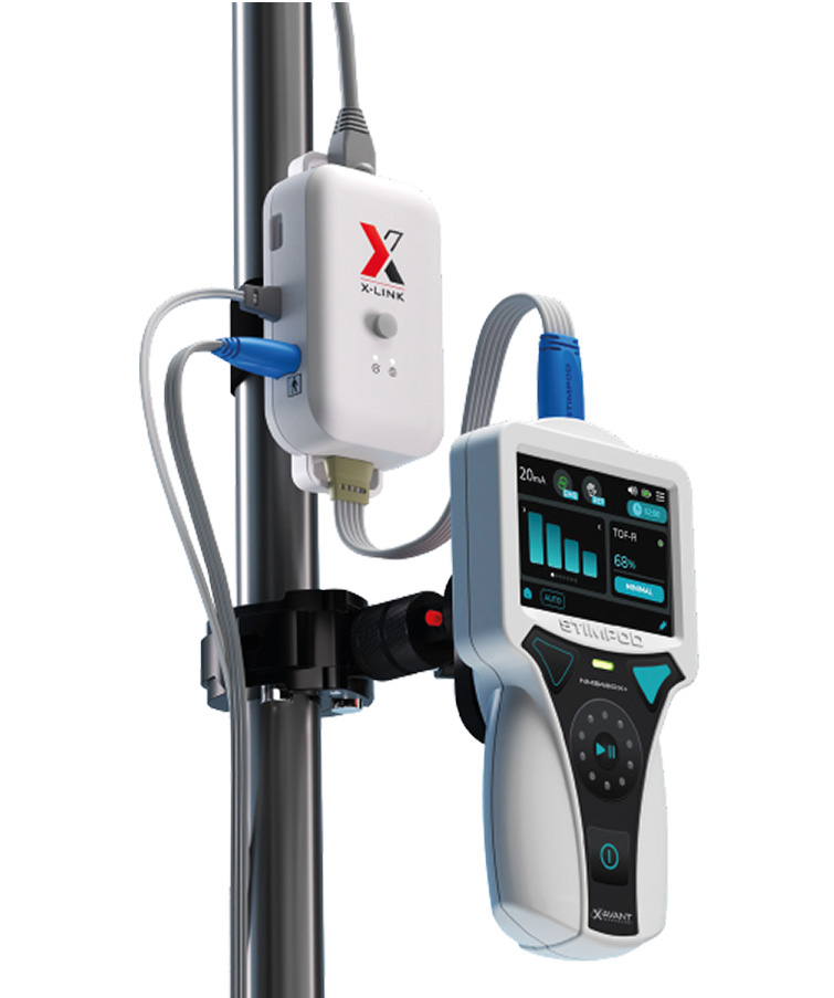 Stimpod X-Link module mounted on an IV pole